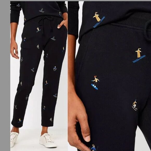 LOFT Lou & Grey Skier Embroidered Terry Sweatpants Black - Picture 1 of 5